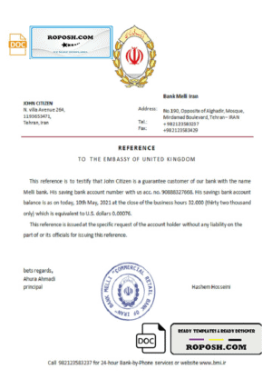 Iran Melli bank reference letter template in Word and PDF format