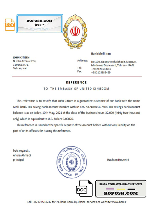 Iran Melli bank reference letter template in Word and PDF format