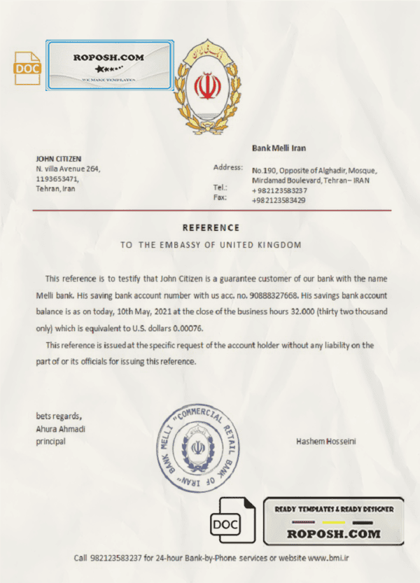 Iran Melli bank reference letter template in Word and PDF format