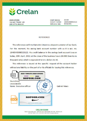 Belgium Crelan bank account reference letter template in Word and PDF format