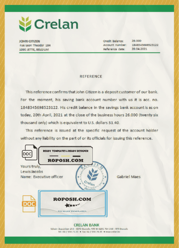 Belgium Crelan bank account reference letter template in Word and PDF format