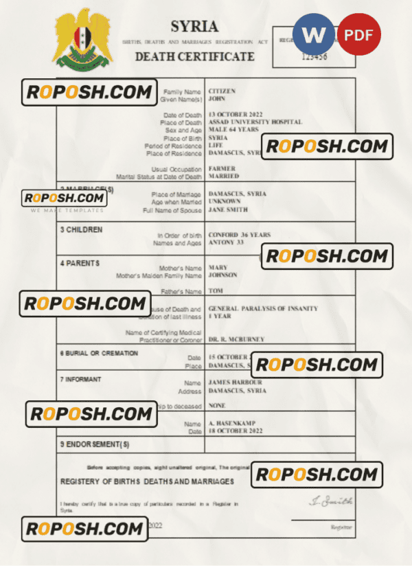 Syria vital record death certificate Word and PDF template