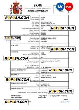 Spain death certificate Word and PDF template, completely editable