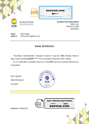 Iraq Kurdistan International bank reference letter template in Word and PDF format