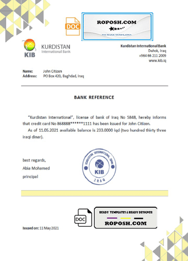 Iraq Kurdistan International bank reference letter template in Word and PDF format