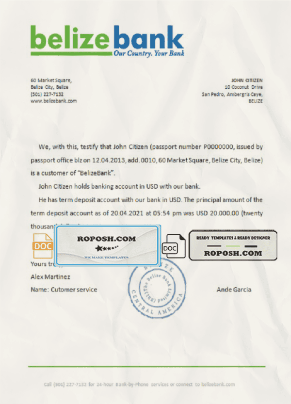 Belize Belizebank bank reference letter template in Word and PDF format