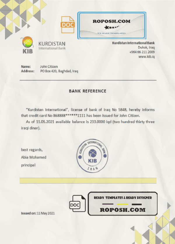 Iraq Kurdistan International bank reference letter template in Word and PDF format