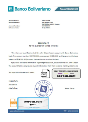 Ecuador Banco Bolivariano bank account balance reference letter template in Word and PDF format