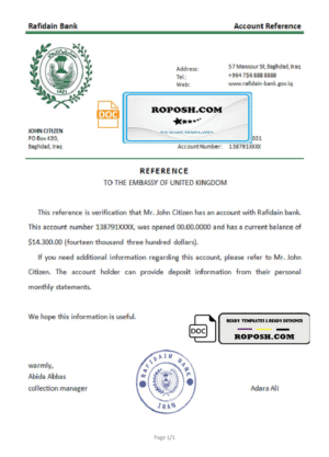 Iraq Rafidain bank account reference letter template in Word and PDF format