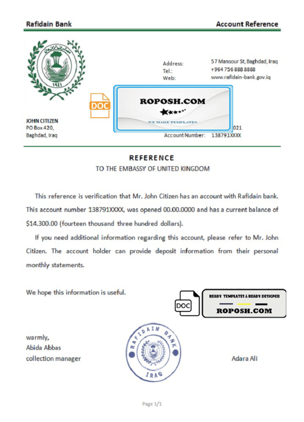 Iraq Rafidain bank account reference letter template in Word and PDF format