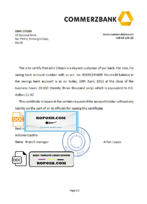 Belize Commerzbank bank reference letter template in Word and PDF format