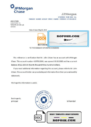 Canada JPMorgan Chase bank account reference letter template in Word and PDF format