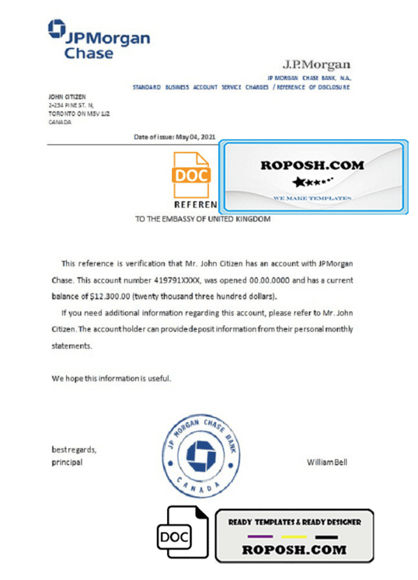 Canada JPMorgan Chase bank account reference letter template in Word and PDF format