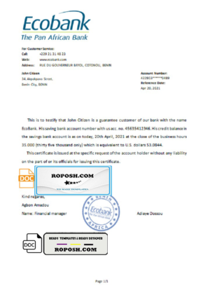 Benin Ecobank bank reference letter template in Word and PDF format