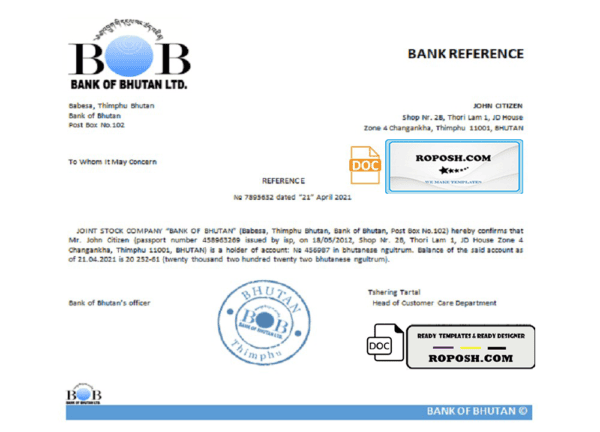 Bhutan Bank of Bhutan bank account reference letter template in Word and PDF format