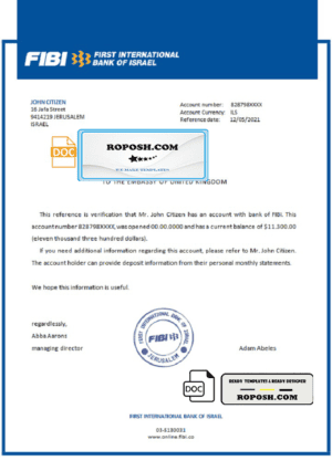 Israel First International Bank of Israel bank account reference letter template in Word and PDF format