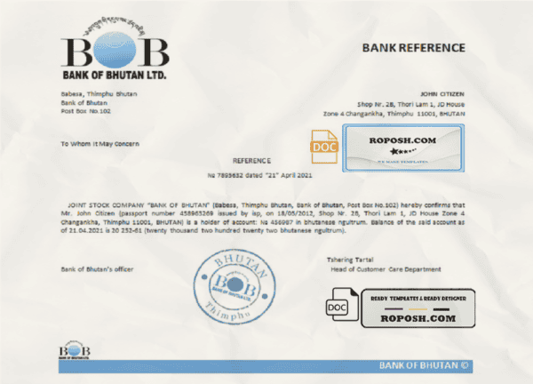 Bhutan Bank of Bhutan bank account reference letter template in Word and PDF format