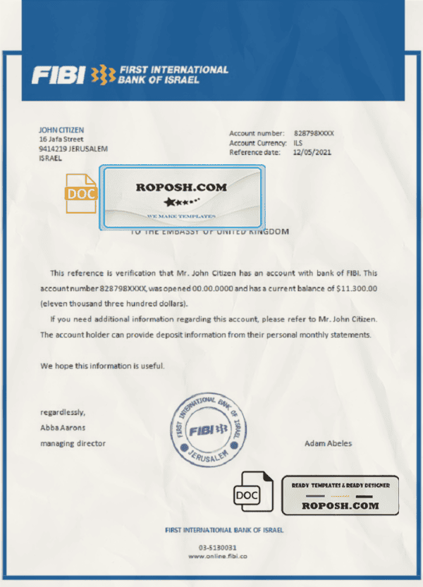 Israel First International Bank of Israel bank account reference letter template in Word and PDF format