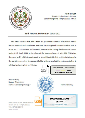 Bhutan National Bank account reference letter template in Word and PDF format
