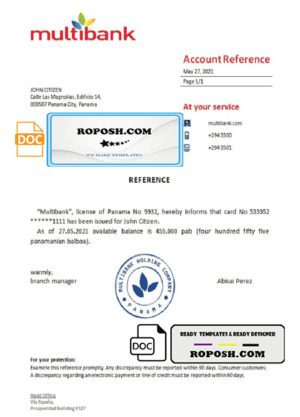 Panama Multibank bank account reference letter template in Word and PDF format