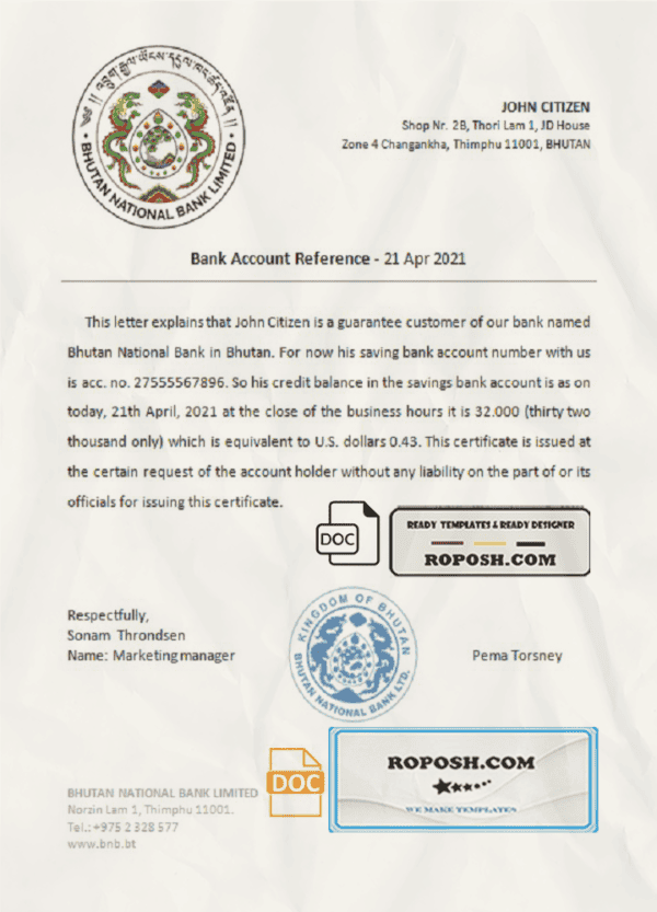 Bhutan National Bank account reference letter template in Word and PDF format