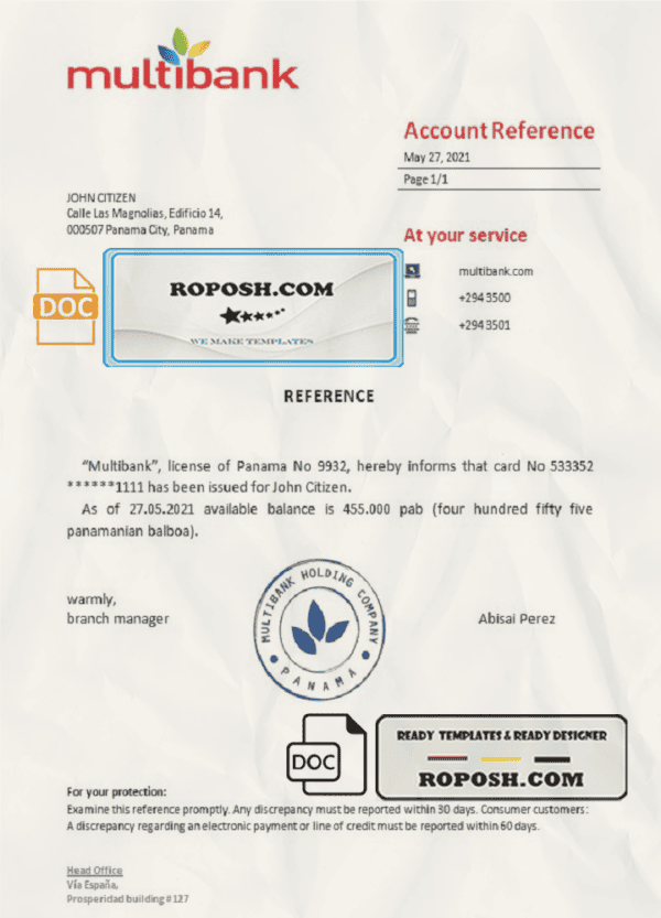 Panama Multibank bank account reference letter template in Word and PDF format