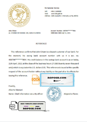 Bolivia Banco Central de Bolivia account reference letter template in Word and PDF format