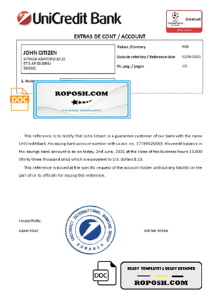 Romania UniCredit Bank bank account reference letter template in Word and PDF format