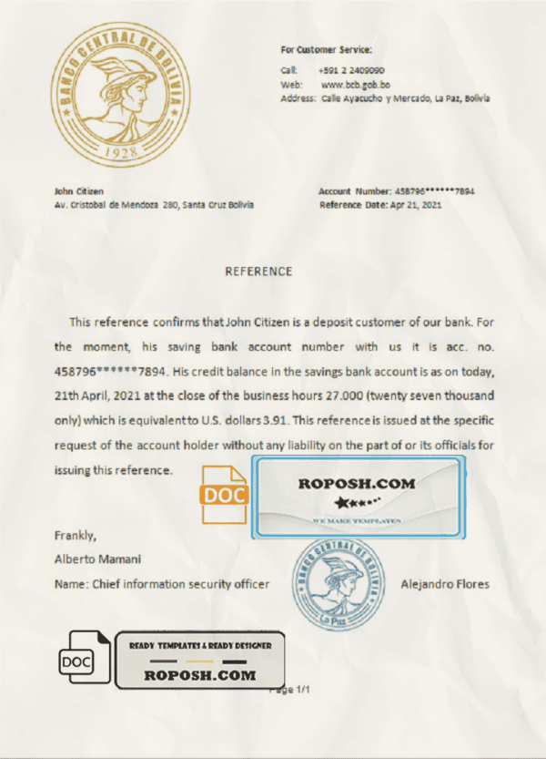 Bolivia Banco Central de Bolivia account reference letter template in Word and PDF format