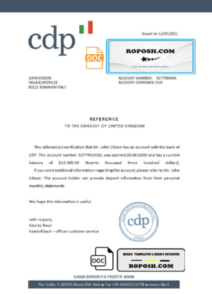 Italy CDP bank account reference letter template in Word and PDF format