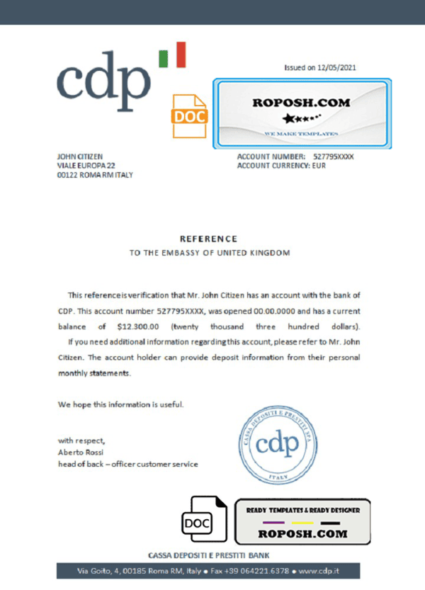 Italy CDP bank account reference letter template in Word and PDF format