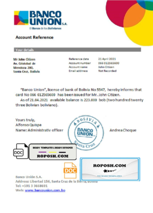 Bolivia Banco Union account reference letter template in Word and PDF format
