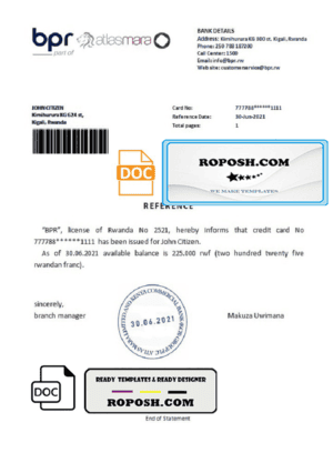 Rwanda BPR Atlasmara bank reference letter template in Word and PDF format