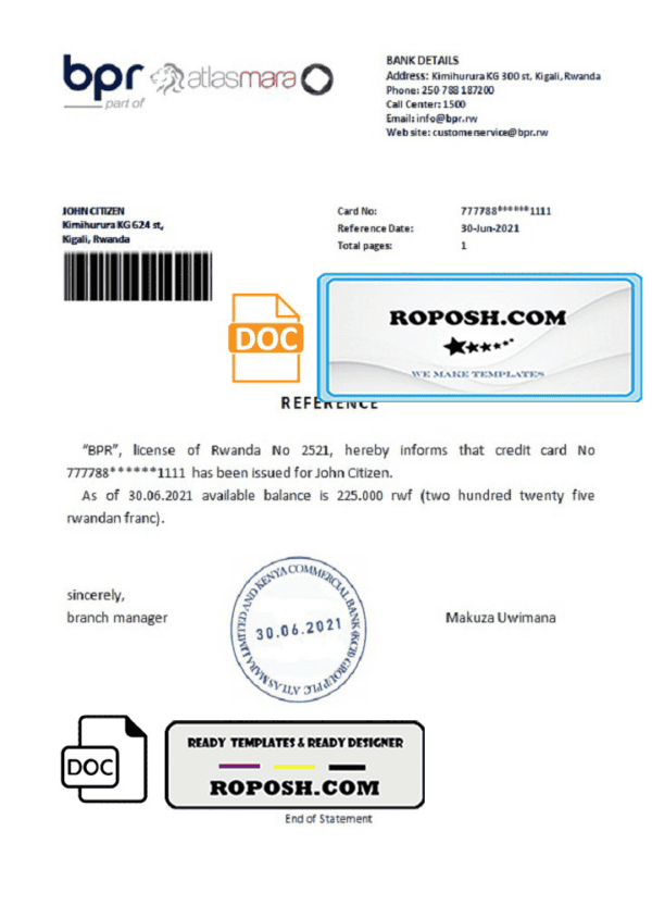 Rwanda BPR Atlasmara bank reference letter template in Word and PDF format