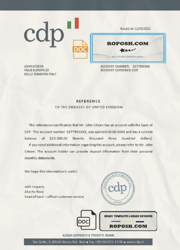 Italy CDP bank account reference letter template in Word and PDF format