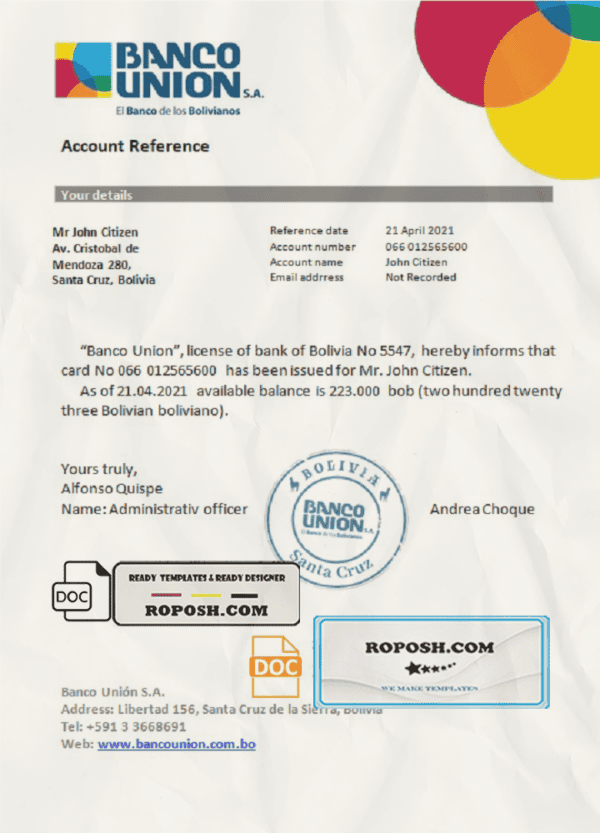 Bolivia Banco Union account reference letter template in Word and PDF format