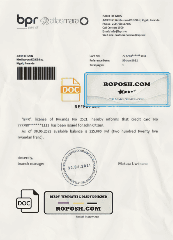 Rwanda BPR Atlasmara bank reference letter template in Word and PDF format