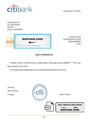 Italy Citibank bank account reference letter template in Word and PDF format