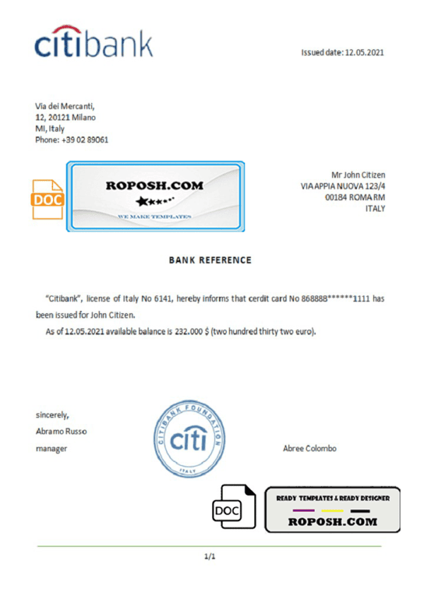 Italy Citibank bank account reference letter template in Word and PDF format