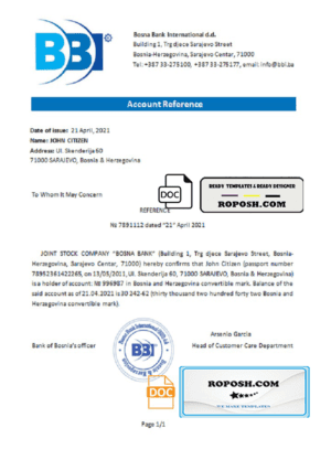 Bosnia and Herzegovina Bosna Bank International bank account reference letter template in Word and PDF format