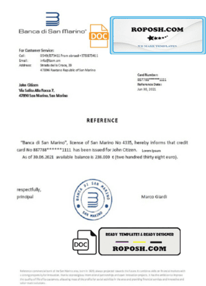 San Marino Banca di San Marino bank reference letter template in Word and PDF format