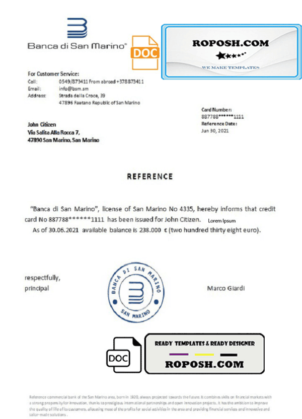 San Marino Banca di San Marino bank reference letter template in Word and PDF format