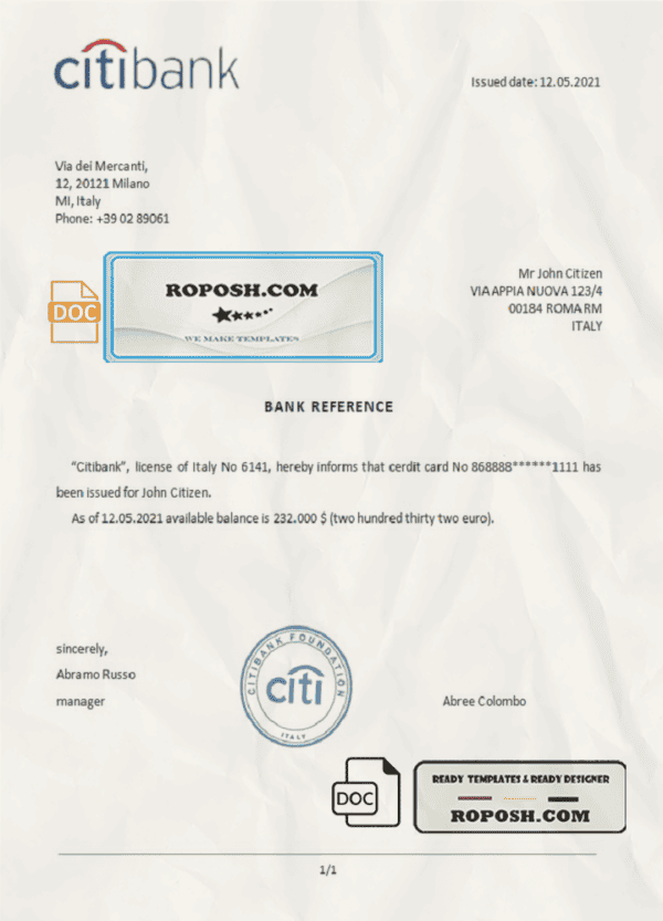 Italy Citibank bank account reference letter template in Word and PDF format