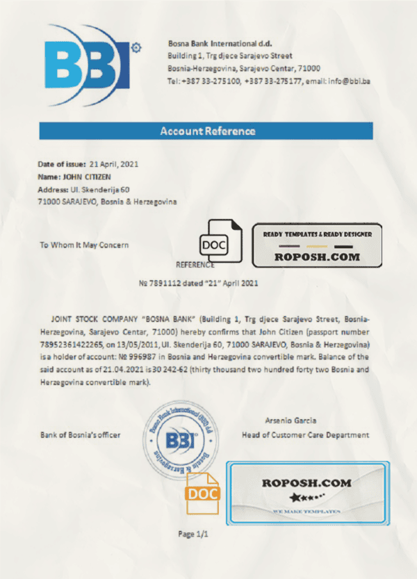 Bosnia and Herzegovina Bosna Bank International bank account reference letter template in Word and PDF format