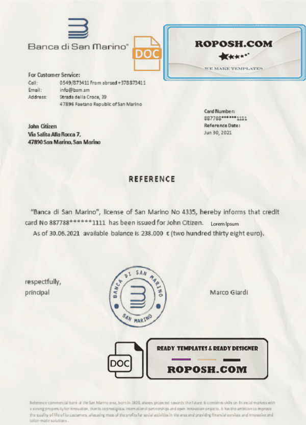 San Marino Banca di San Marino bank reference letter template in Word and PDF format