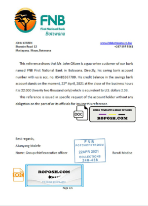 Botswana First National Bank (FNB) account reference letter template in Word and PDF format