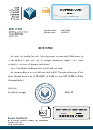 Saudi Arabia Banque Saudi Fransi bank reference letter template in Word and PDF format