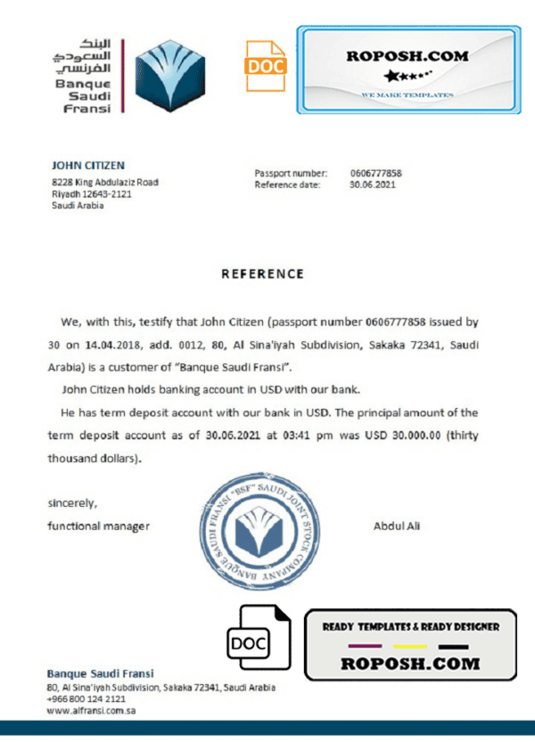 Saudi Arabia Banque Saudi Fransi bank reference letter template in Word and PDF format