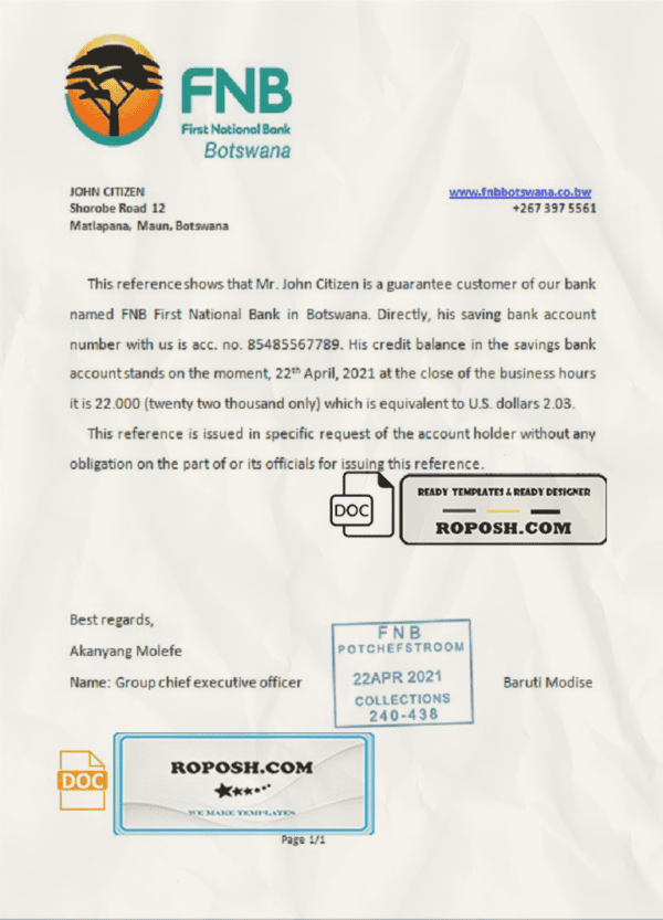 Botswana First National Bank (FNB) account reference letter template in Word and PDF format