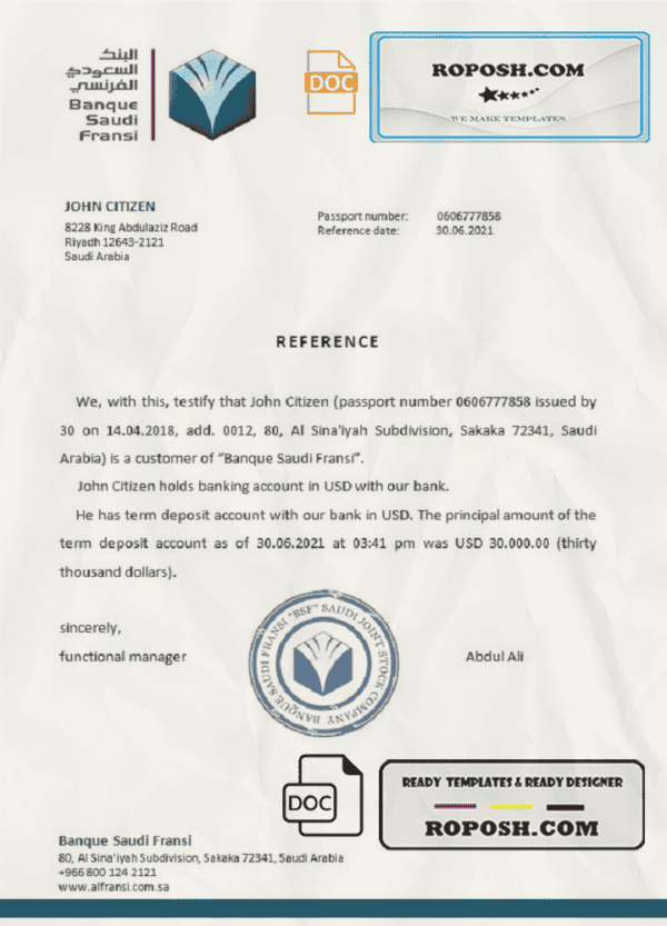 Saudi Arabia Banque Saudi Fransi bank reference letter template in Word and PDF format